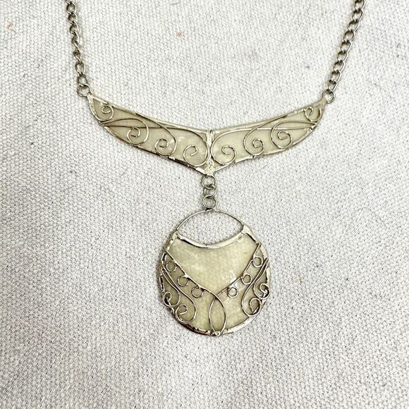 FairTrade Handcrafted Silver Scroll Metal Necklace With Abalone Shell Insert - Picture 7 of 16